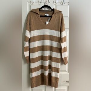 Cocogio Women's V-Neck Stripe Italian Wool Alpaca Sweater Dress - Brown & Cream